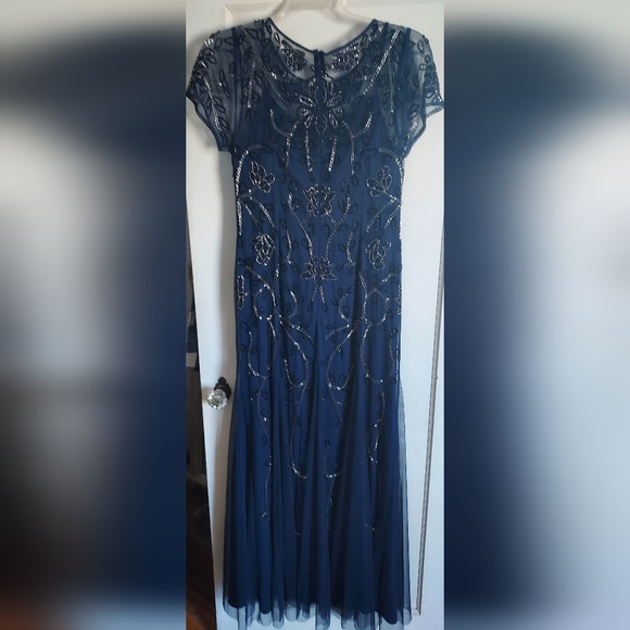 Adrianna Papell Hand-Beaded Godet Gown in Navy, Size 14 - Picture 5 of 9